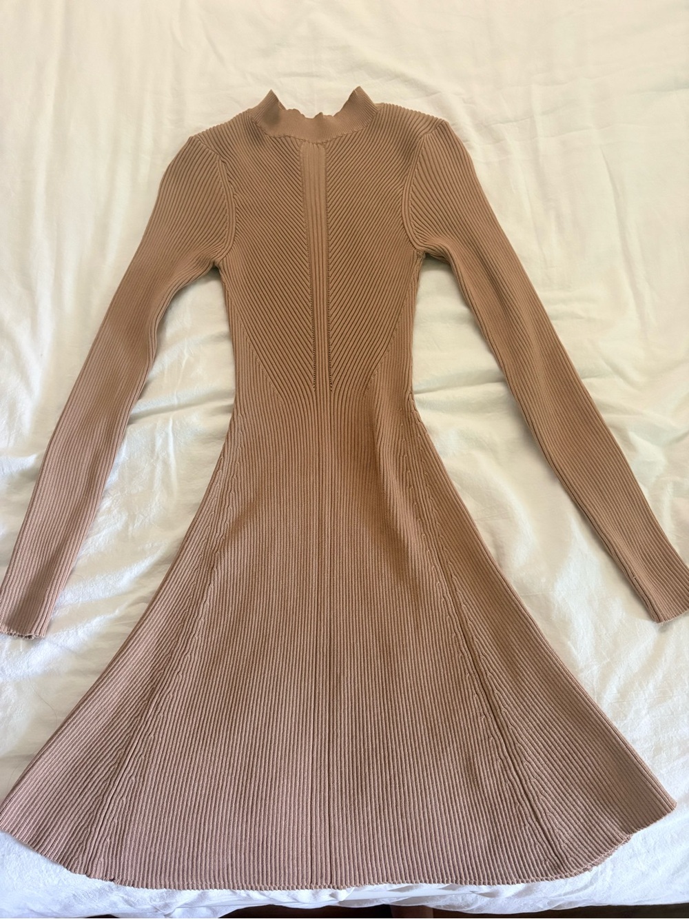 Sage Ribbed Long Sleeve Fit-and-Flare Dress in Taupe